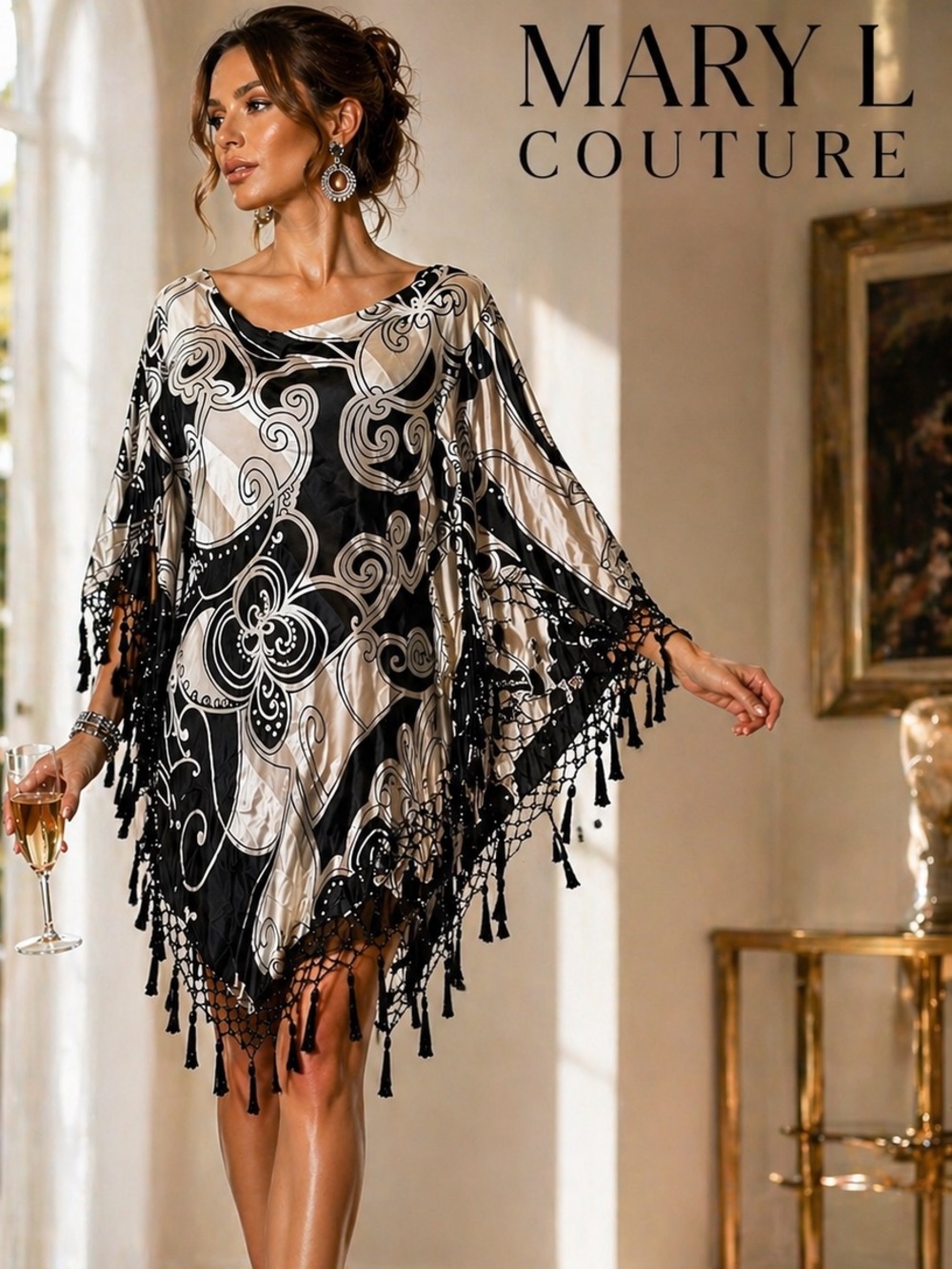 Mary L Couture Y2K Silk Asymmetrical Tunic Dress Beaded Fringe Artwear Size XL